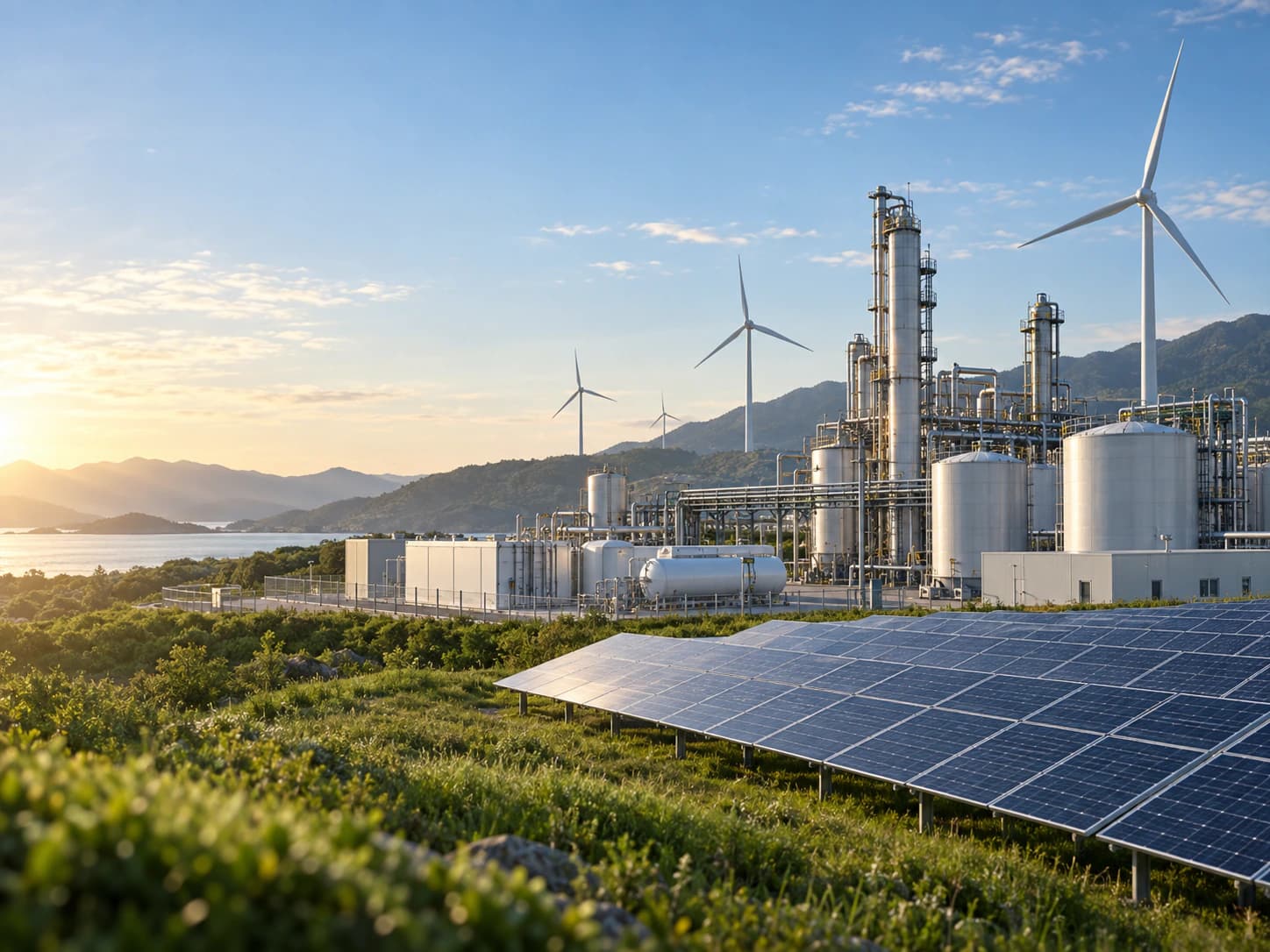 Solar panels and wind turbines beside an industrial facility at sunset